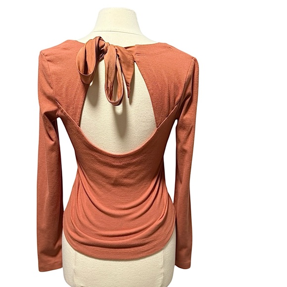 Free People Terracotta Taupe V Neck Long Sleeve Open Back Tie Top Size XS - Picture 4 of 9
